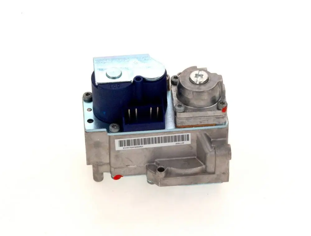 Bosch-Gasarmatur aus Metall mit einem blauen und silbernen Gehäuse. Zu sehen sind elektrische Anschlüsse und eine seitliche Rohrverbindung.
